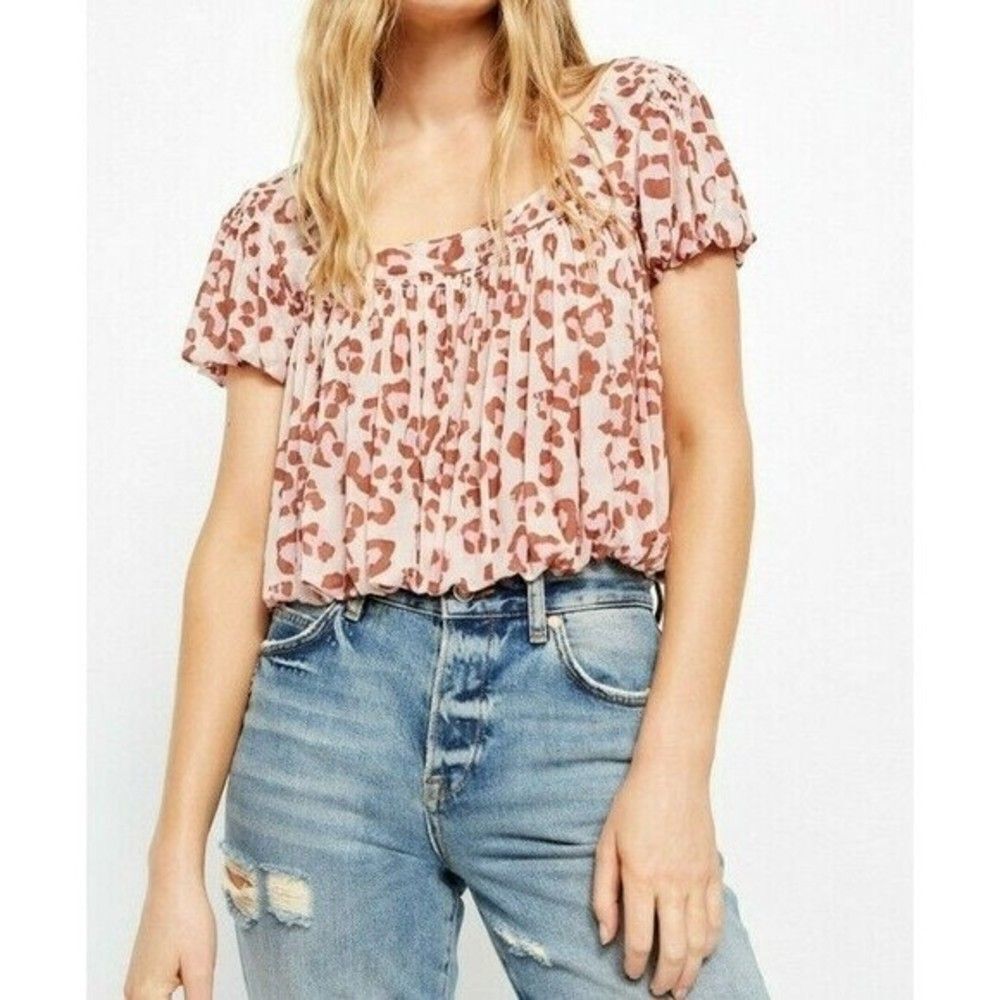 Free People Meg's Animal Print Cropped Mesh Top Pink Brown Short Sleeves Sz S